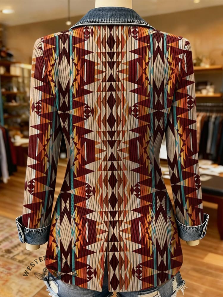 Aztec Print Patchwork Denim Sweater