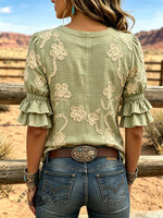 Women's Vintage Art Print Puff Sleeve Casual Shirt
