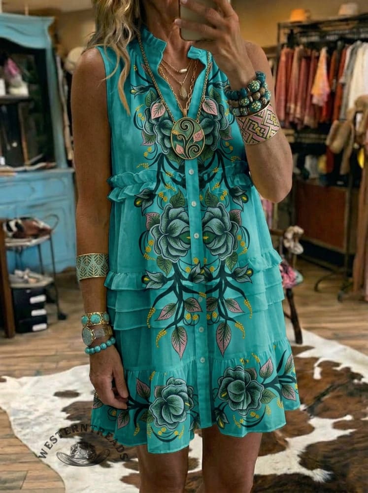 Vintage Floral Print Casual Ruffle Sleeveless Dress