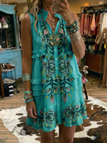 Vintage Floral Print Casual Ruffle Sleeveless Dress