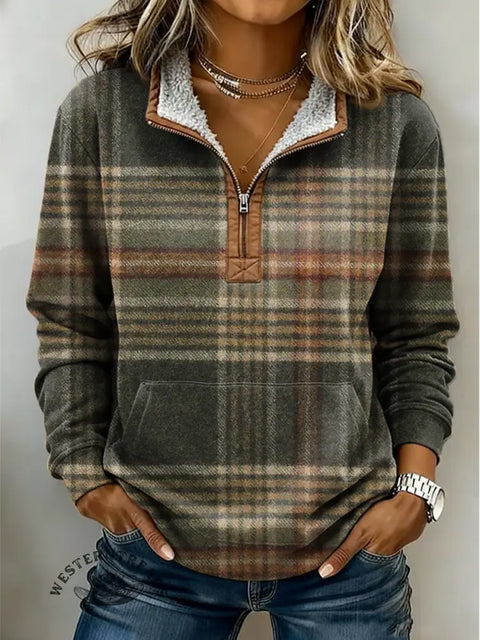 Retro Plaid Print Casual Half-zip Cotton Sweatshirt