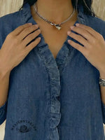 Women's Casual Denim V-Neck Ruffled Shirt