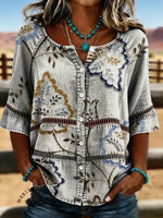 Women's Retro Floral Print Casual Hollow-out Denim Shirt