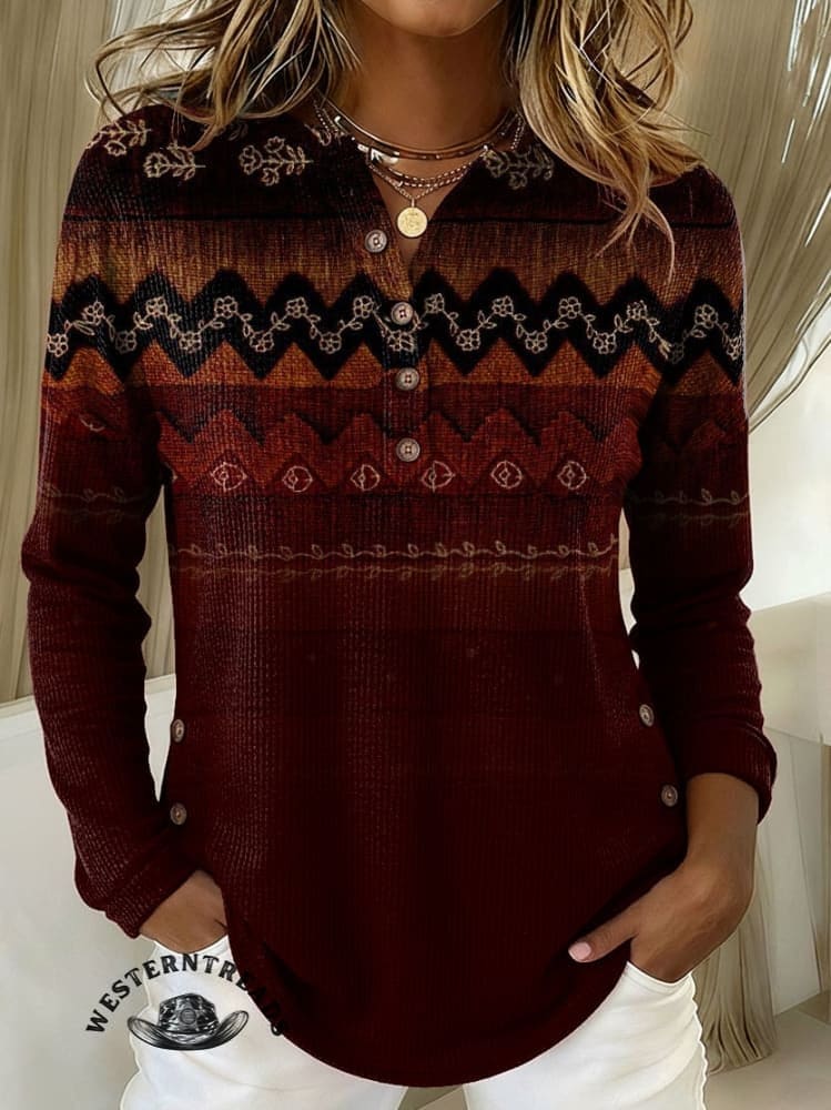 Women's Retro Aztec Pattern Print Casual Corduroy Top