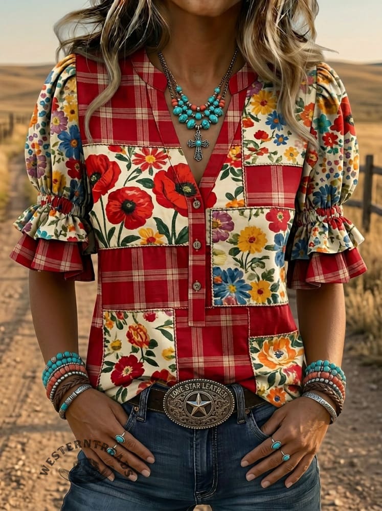 Vintage Floral Art Print V-neck Puff Sleeve Ruffle Shirt