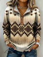 Retro Art Print Casual Half-zip Cotton Sweatshirt