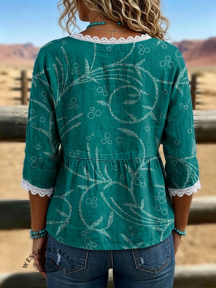 Women's Vintage Flowers Print Off-shoulder Patchwork Casual Shirt