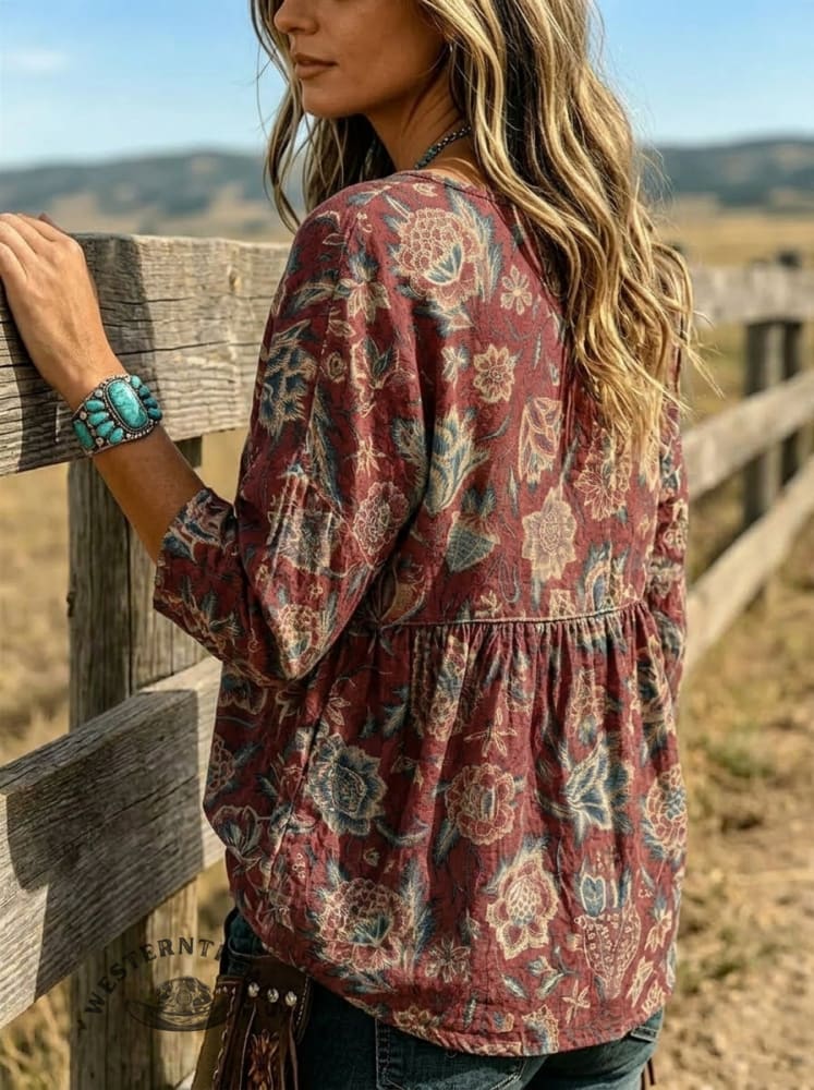 Women's Vintage Printed Casual V-Neck 3/4 Sleeve Shirt