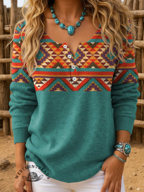 Aztec Art Print Buttoned Cardigan Sweater