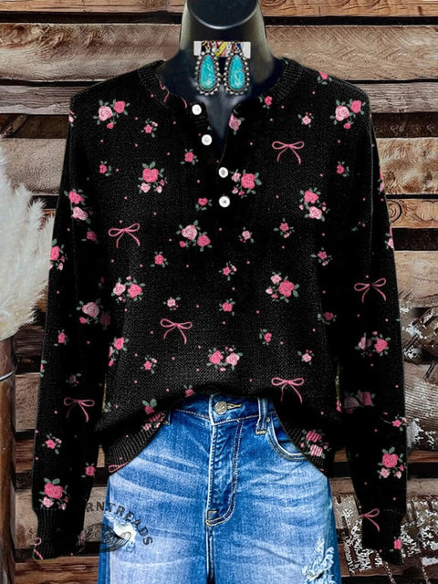 Retro Floral Print Buttoned Cardigan Sweater