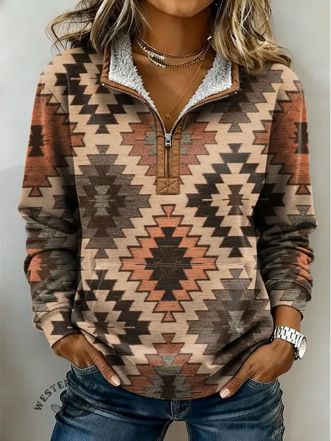 Retro Aztec Print Casual Half-zip Cotton Sweatshirt