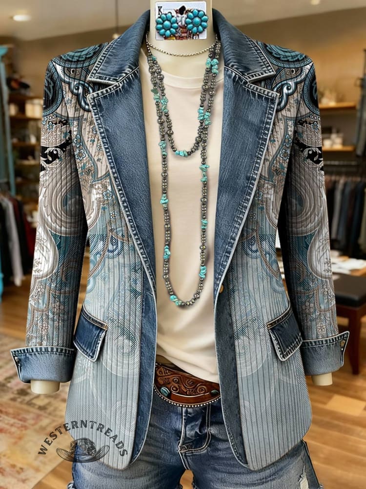 Paisley Print Patchwork Denim Sweater