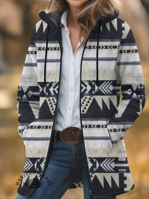 Aztec Print Unisex Plush Thick Long-sleeved Cardigan Coat