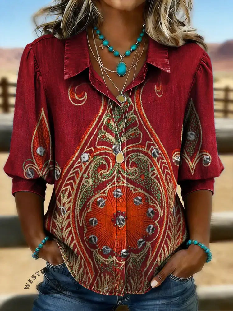 Women's Retro Floral Print Casual Puff Sleeve Denim Shirt