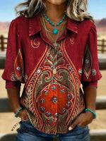 Women's Retro Floral Print Casual Puff Sleeve Denim Shirt