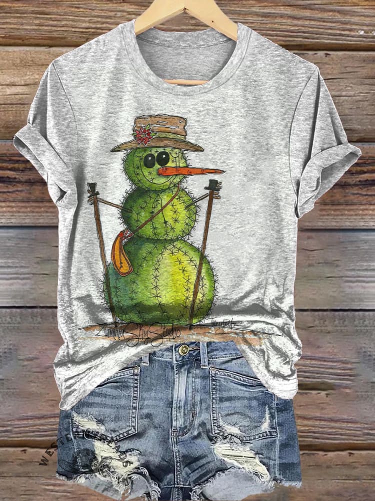 Funny Snowman Cactus Print T-shirt