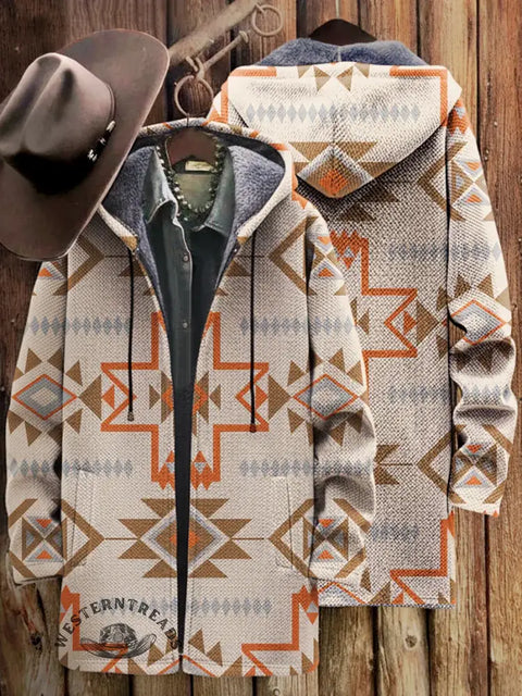 Retro Aztec Unisex Plush Thick Long-Sleeved Cardigan Coat
