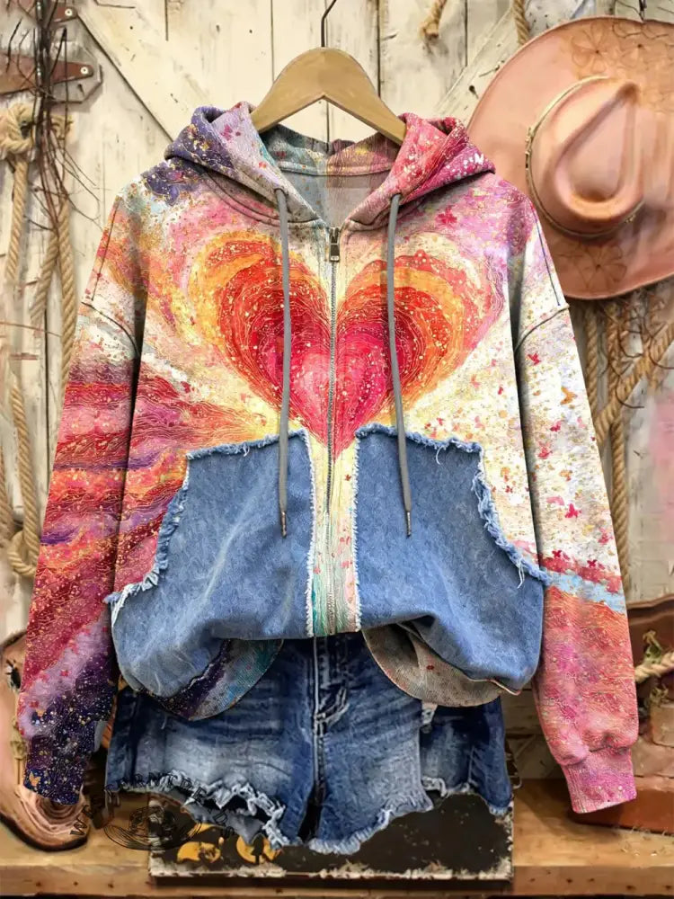 Retro Heart Print Casual Cotton Patchwork Hooded Zip-up Sweatshirt
