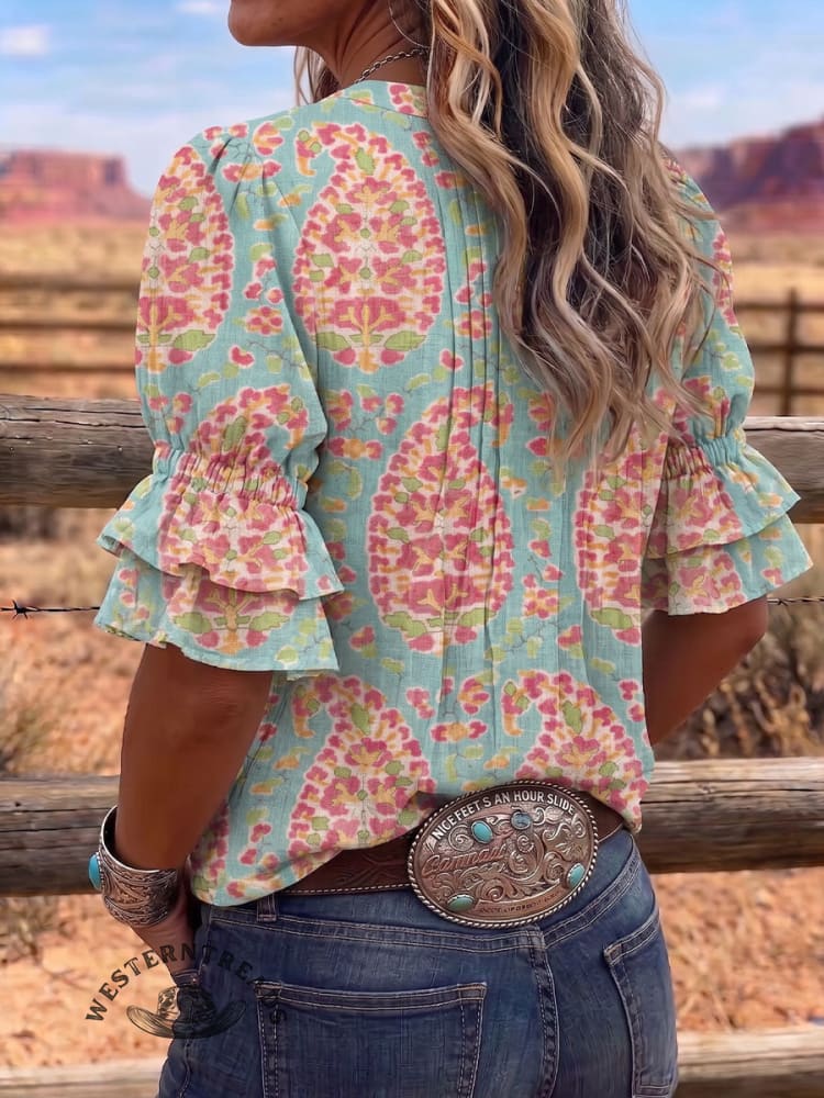 Vintage Art Print Comfortable Summer Fabrics Puff Sleeve Casual Shirt