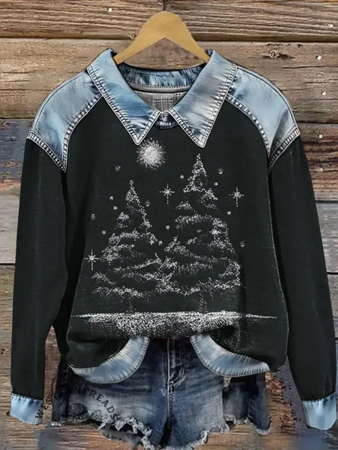 Christmas Print Casual Denim Patchwork Sweatshirt