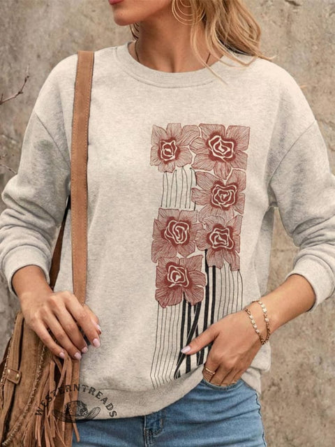 Floral Art Print Casual Cotton Sweatshirt