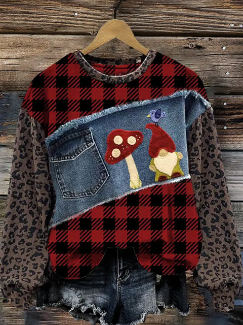 Plaid Santa Claus Leopard Print Denim Patchwork Casual Cotton Sweatshirt