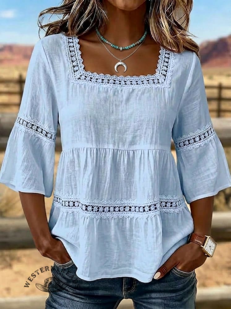 Women's Hollow Spliced Casual 3/4 Sleeve Shirt