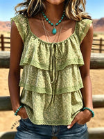 Women's Vintage Flowers Print Patchwork Chiffon Tank Top Casual Shirt