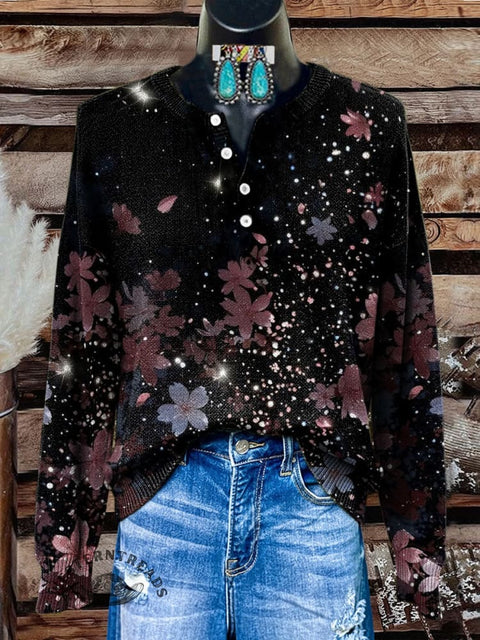 Retro Floral Print Buttoned Cardigan Sweater