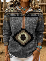 Retro Aztec Print Casual Half-zip Cotton Sweatshirt