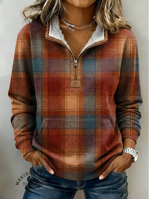 Color Plaid Print Casual Half-zip Cotton Sweatshirt