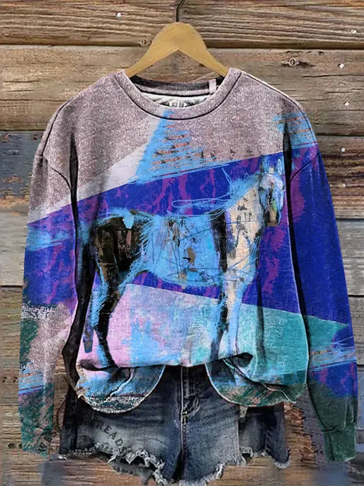 Horse Art Print Casual Cotton Sweatshirt
