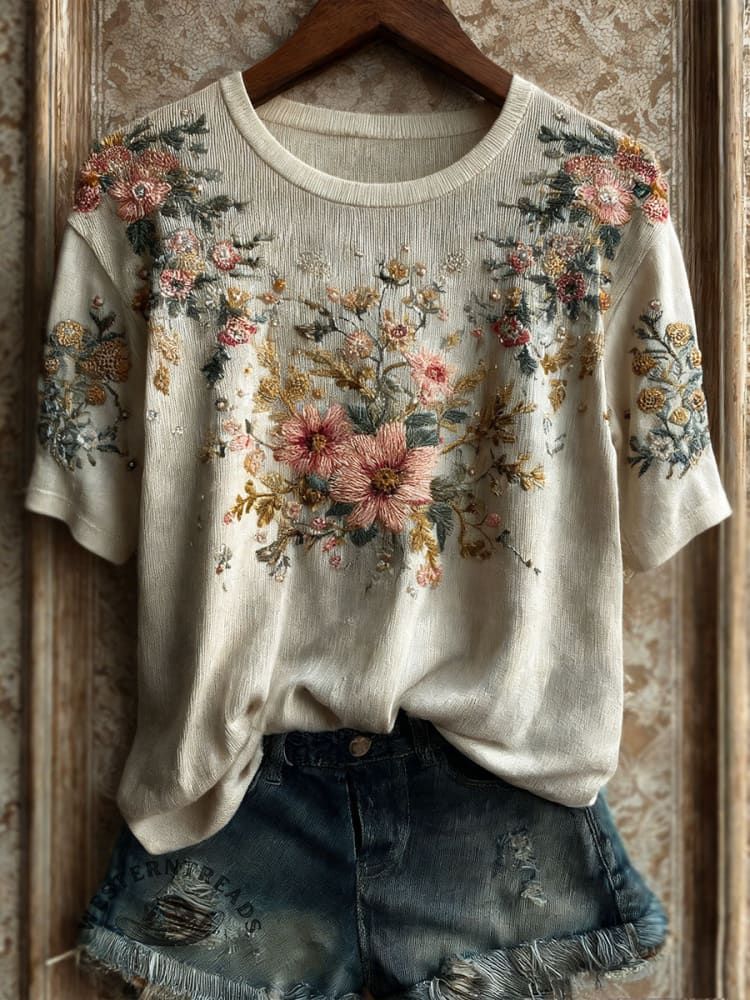 Ethnic Flowers Art Print Casual Short Sleeve T-shirt