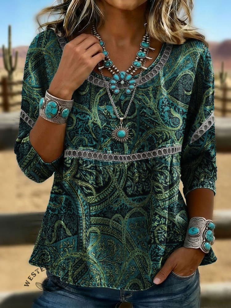 Vintage Floral Art Print Casual 3/4 Sleeves Hollow Denim Shirt