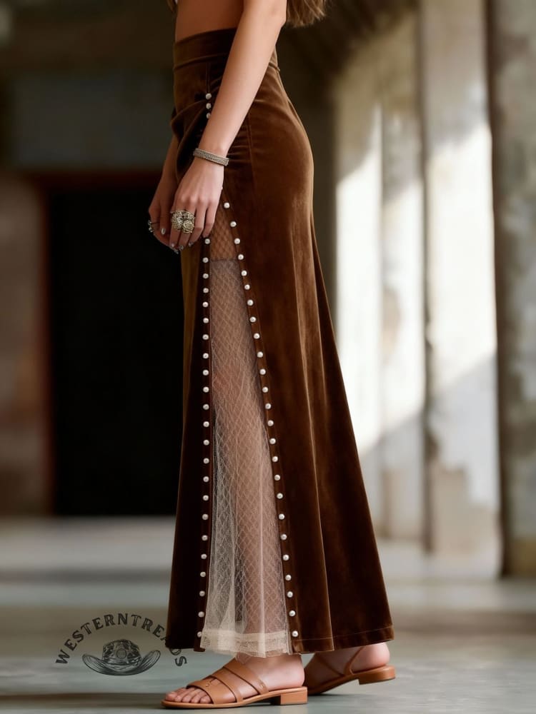 Womens Retro Western Mesh Patchwork Beaded Long Skirt