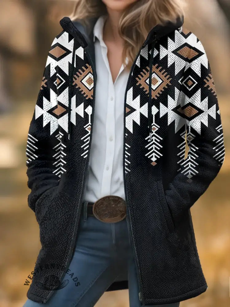 Aztec Print Unisex Plush Thick Long-Sleeved Cardigan Coat