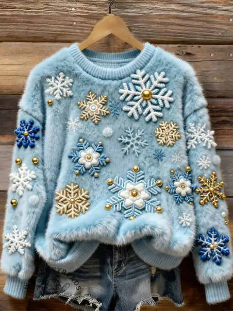 Women's  Christmas Snowflakes Art Print Cozy Plush Sweater