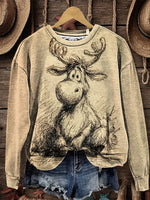 Funny Reindeer Sketch Art Casual Cotton Sweatshirt