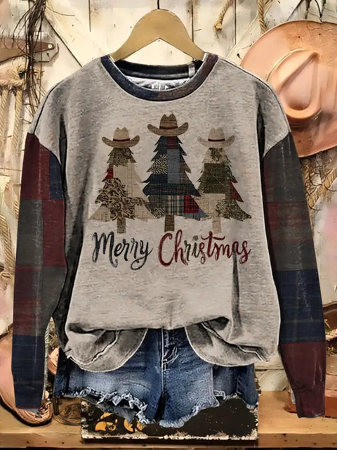 Retro Cowboys Christmas Tree Casual Cotton Sweatshirt