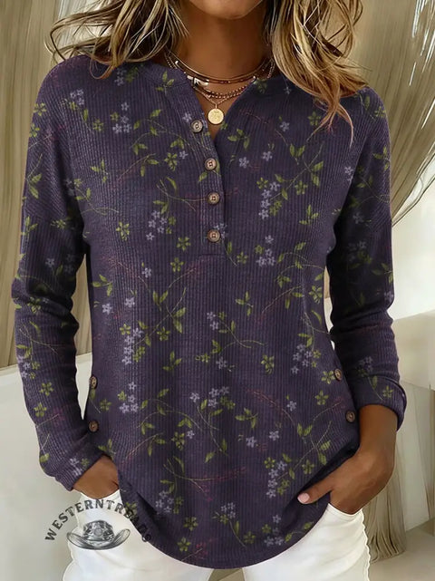 Women's Retro Floral Print Casual Cotton Shirt