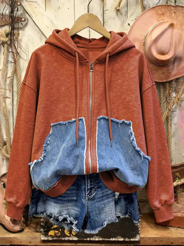 Retro Casual Cotton Patchwork Hooded Zip-up Sweatshirt