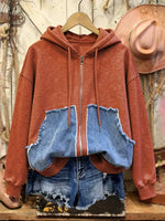 Retro Casual Cotton Patchwork Hooded Zip-up Sweatshirt