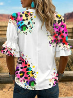 Women's Retro Leopard Art Puff Sleeve Casual Shirt