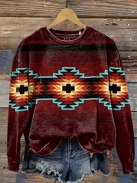 Red Aztec Print Casual Cotton Sweatshirt