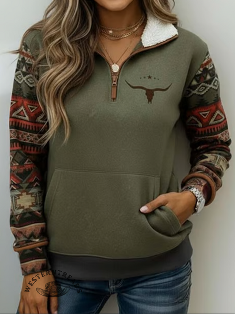 Casual Aztec Half-Zip Cotton Sweatshirt