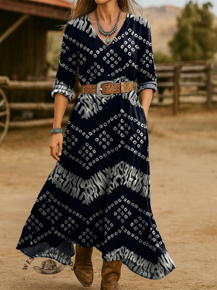 Women's Vintage Aztec Print Cotton Pocket Dress