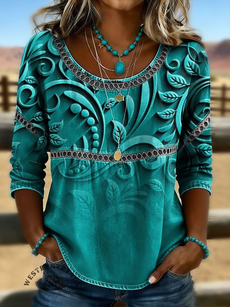 3D Art Print Casual 3/4 Sleeves Hollow Denim Shirt