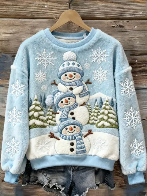 Women's Lovely Snowmen & Snowflakes Art Print Cozy Plush Sweater