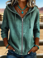 Art Print Casual Long Sleeve Denim Zipper Hoodie Coat