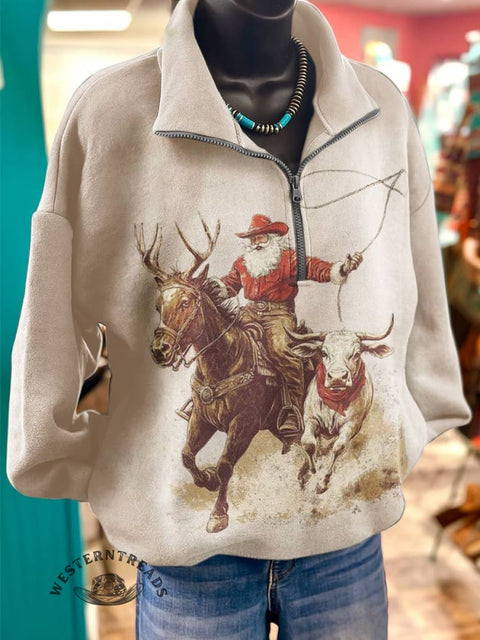 Cowboy Christmas Print Casual Long Sleeve Zip Sweatshirt